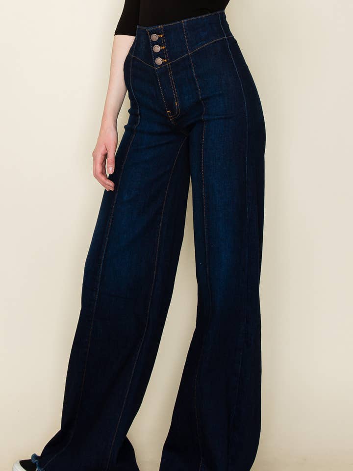 PW508 Front Seam Wide Leg Denim Jeans in Dark Wash for wholesale by O2 Denim