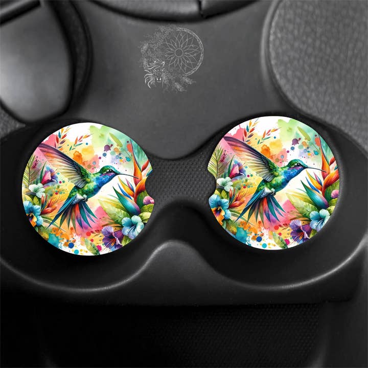 Watercolor Color Blast Hummingbird / Animal Car Coasters for wholesale by Dark Horse Dream Designs LLC