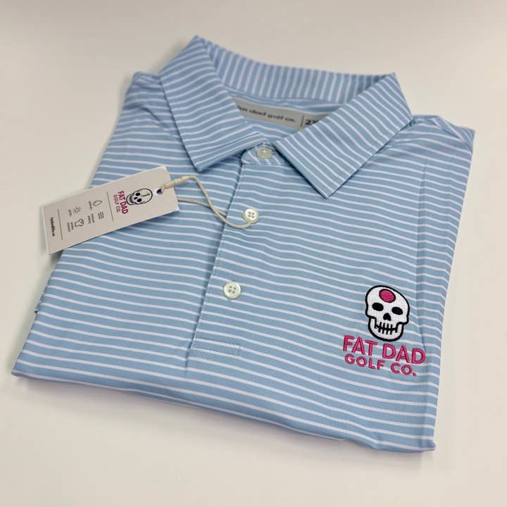 "golf en la mente" polo de golf con rayas azules del clubhouse para venta al por mayor de Fat Dad Golf Co.