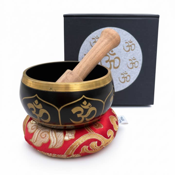 Tibetan Complete Singing Bowl Gift Box Set Om Etched Bowl for wholesale by Lungta Imports