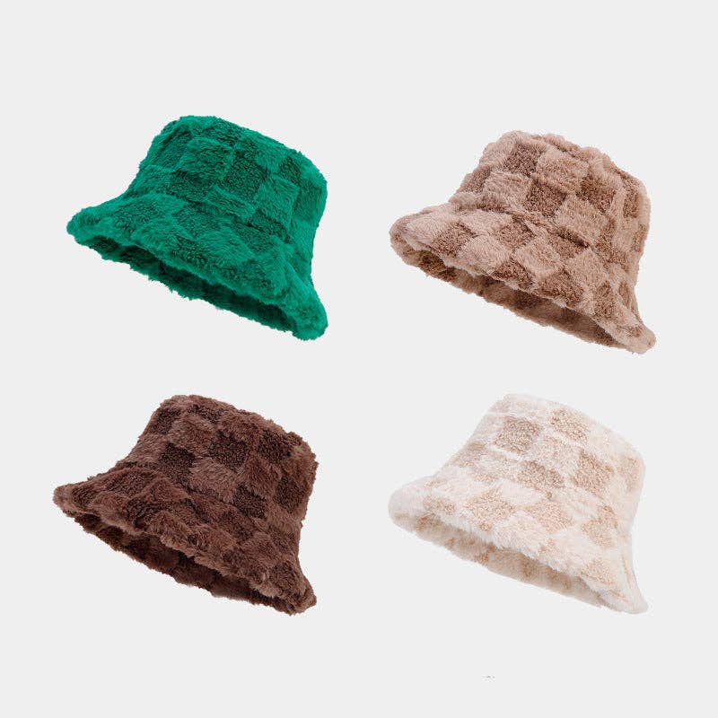Dipped Shop – wholesale Bucket hat – Women's – Winter Fuzzy Trendy Plaid Thick Warm Bucket Hat DP25G74616