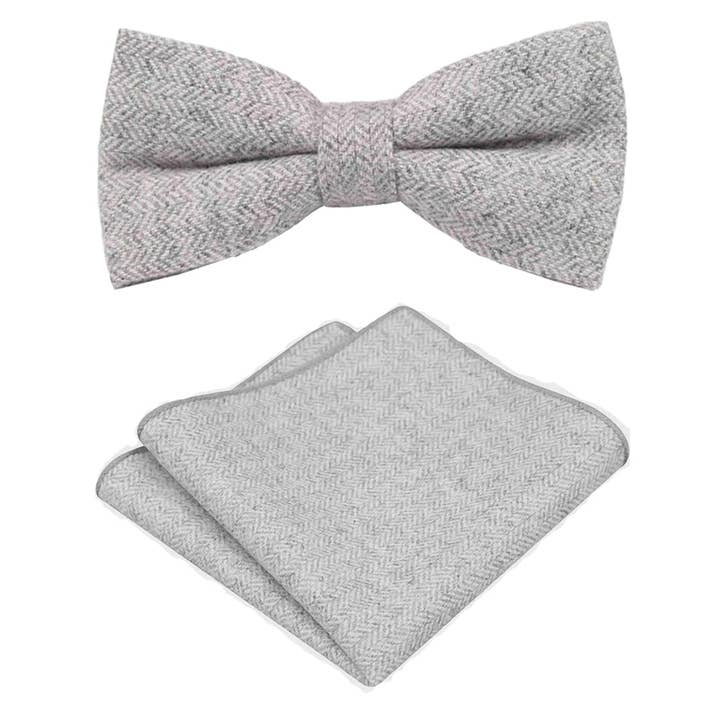 Dickie Bow – Großhandel Fliege – Herren – Laurie Hellgraues Fischgrätenmuster Tweed Fliege & Einstecktuch Set