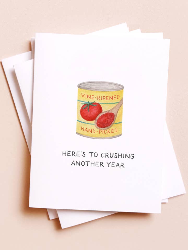 Crushing Another Year — Tomato Pun Birthday / New Years Card for wholesale by Amy Zhang