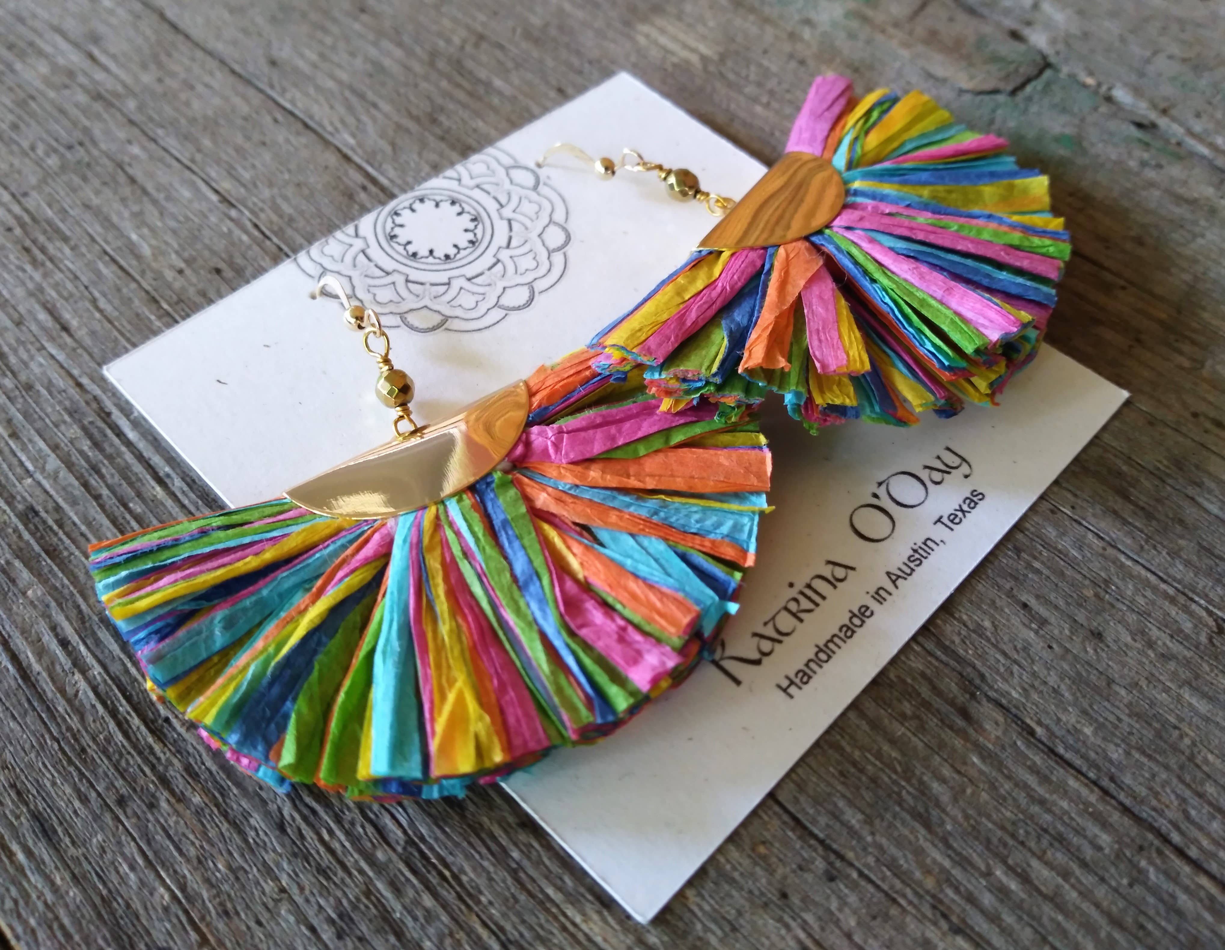 Paper and brass statement earrings rainbow and gold metallic origami paper