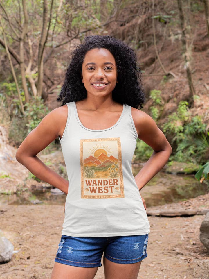 Camiseta sin mangas gráfica Wander West – Aventura y espíritu del oeste. para venta al por mayor de The Painted Sagebrush