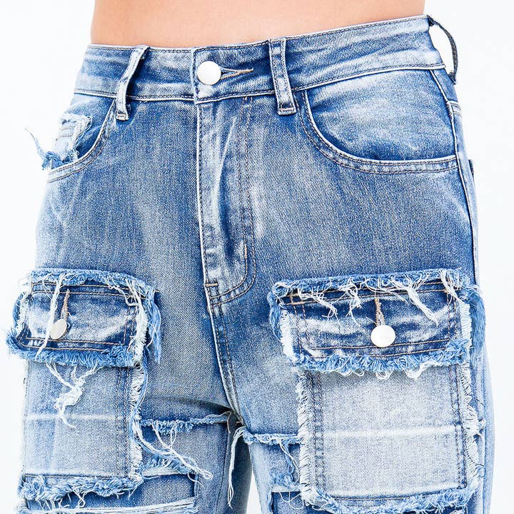 American Bazi – Engroshandel Jeans - Dame – DENIM PATCHWORK STABLEDE JEANS-RJH210513