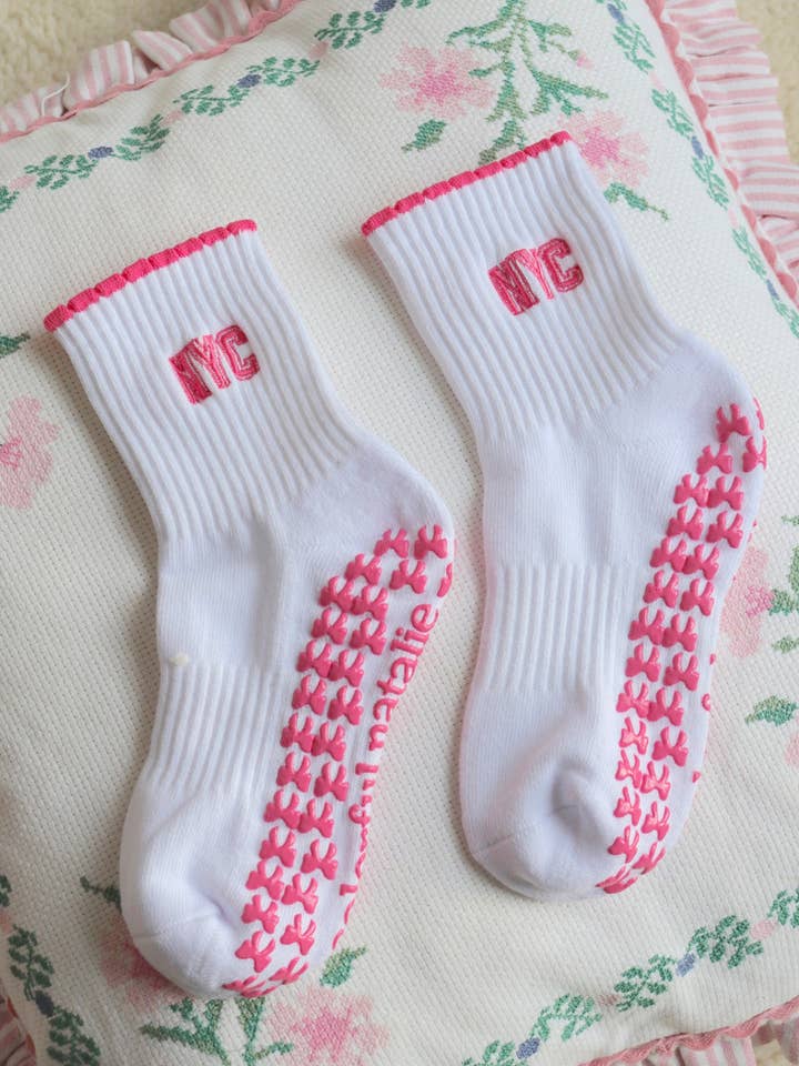 NYC Hot Pink Bow Grip Socks for wholesale by Colorful Natalie