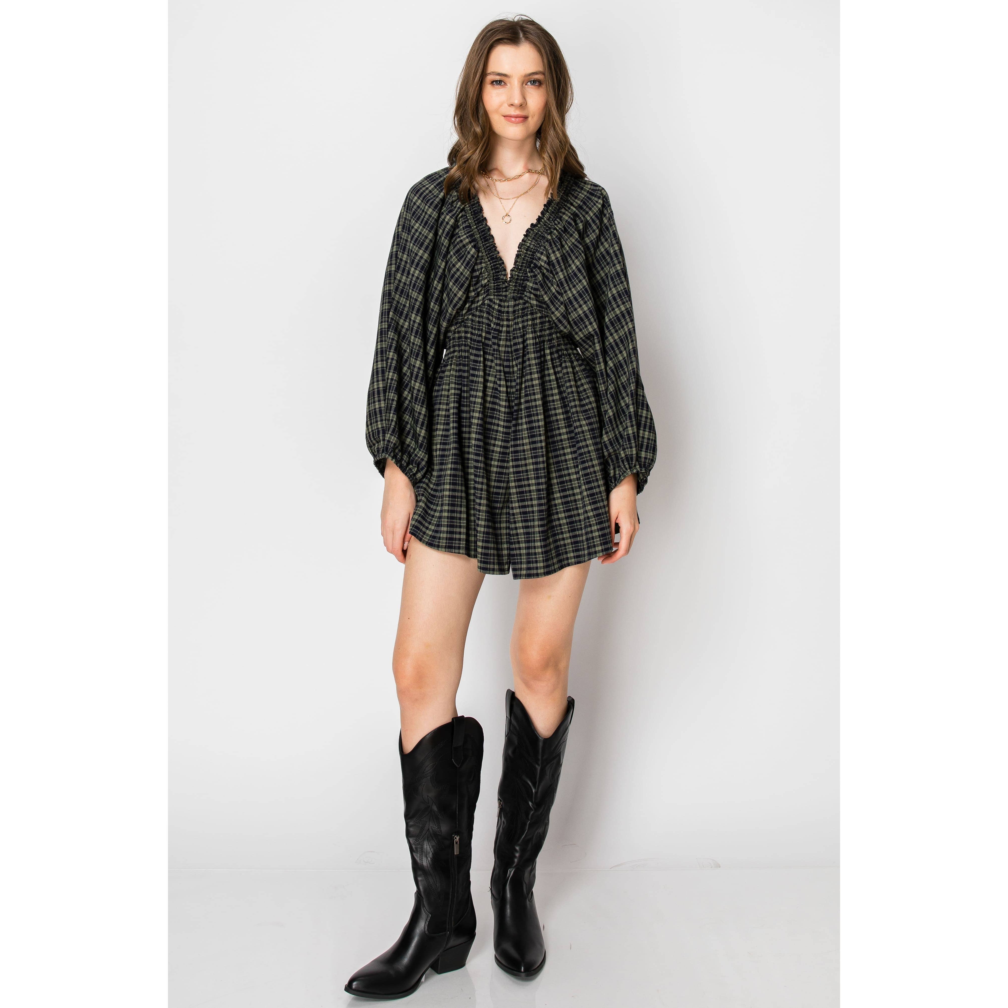 SKYLAR ROSE – wholesale Byxdress - Dam – Dolman Sleeve Pläd Smocked V-ringad ROMPER	3