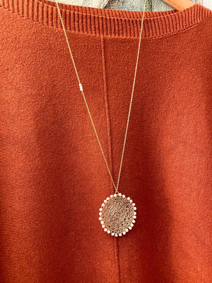 Wire Crochet Sunshine Necklace with Freshwater Pearls - Lacy for wholesale by Pyrite and Pearls