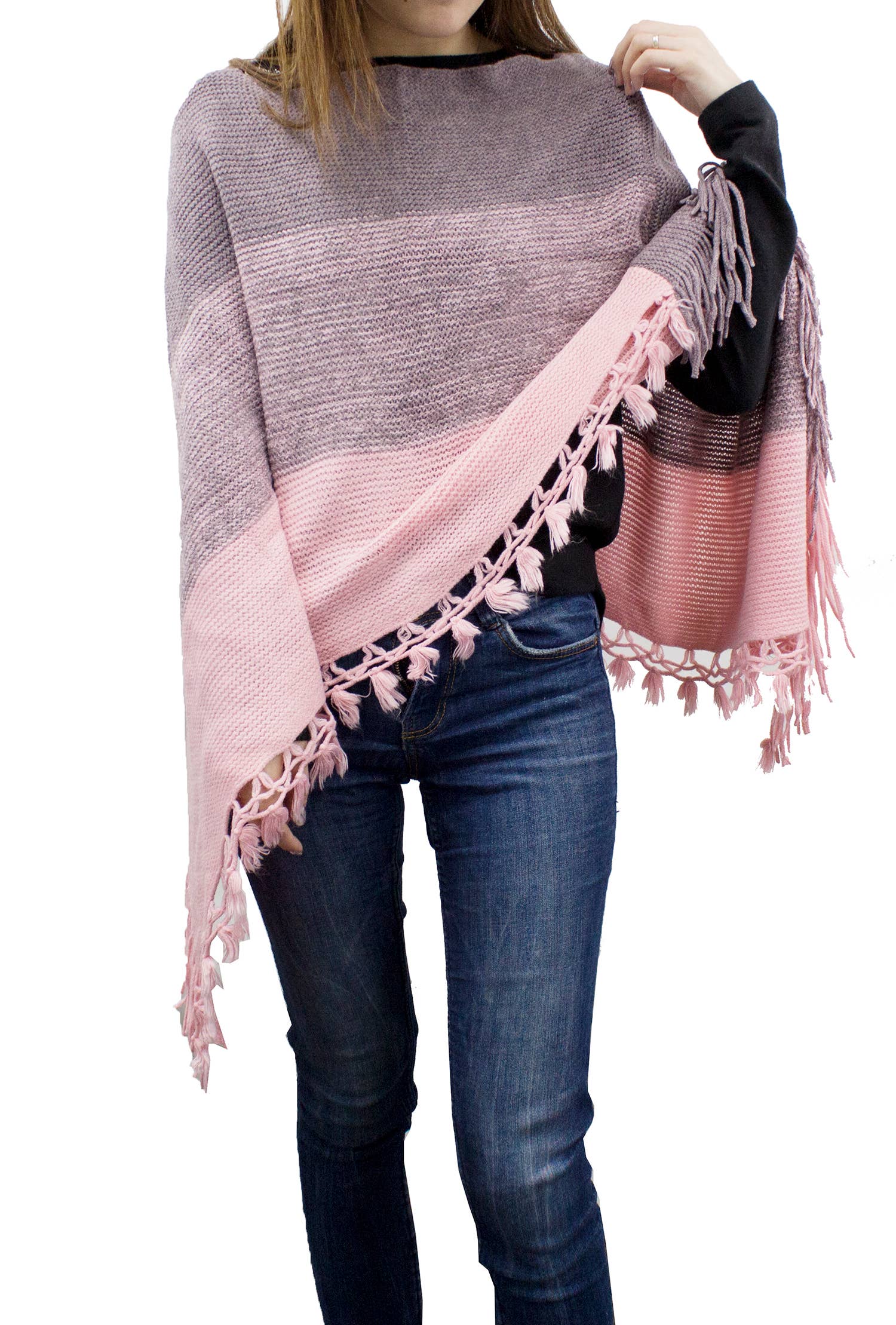 Fennco Styles - Venta al por mayor Poncho - Mujer - Suéter Poncho de Bloques de Color con Flecos4