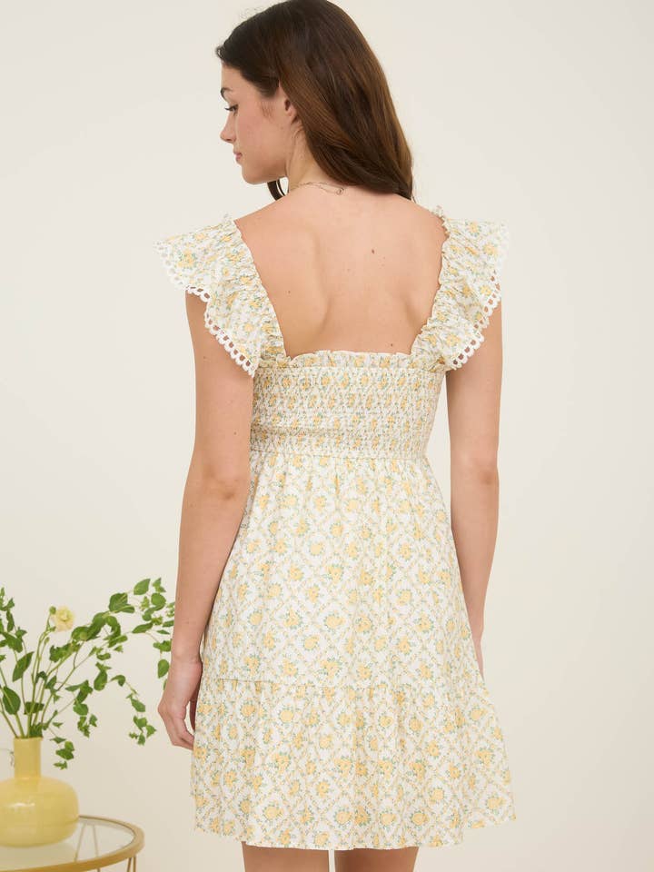 Blu Pepper - Wholesale Dress - Women's - FLORAL TRELLIS PATTERN SMOCKED MINI DRESS