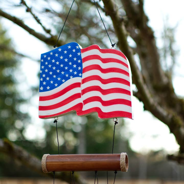 Cohasset Gifts - Wholesale Wind Chime - Waving American Flag Bamboo Wind Chime