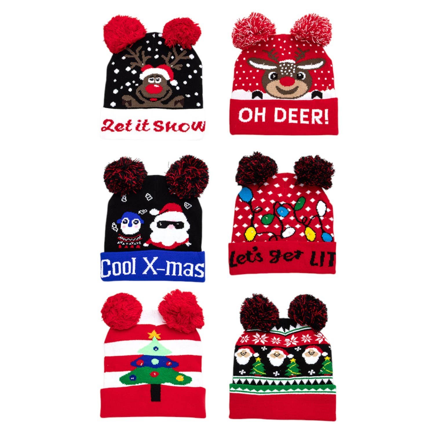 LA Jewelry Plaza - Wholesale Beanie - Women's - Double Pom Pom LED Christmas Light Up Beanies Set3