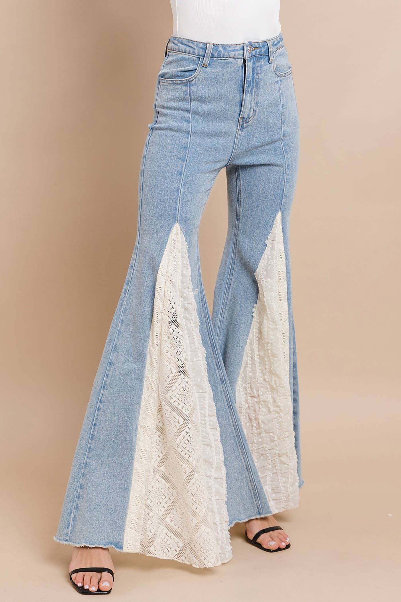 LACE DETAIL WIDE LEG JEANS 2481PIB LIGHT DENIM  for wholesale on Faire4