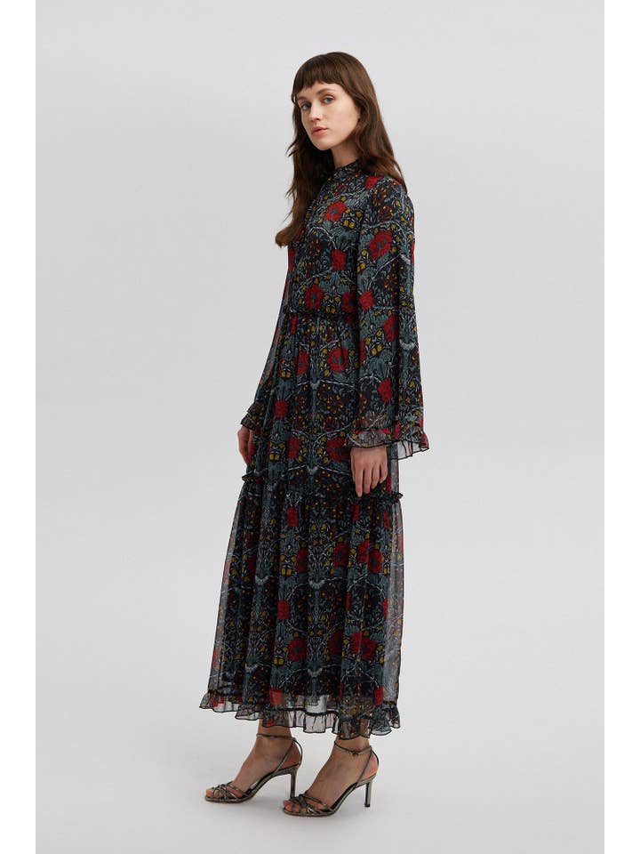 Black FLORAL PATTERNED CHIFFON DRESS for wholesale on Faire
