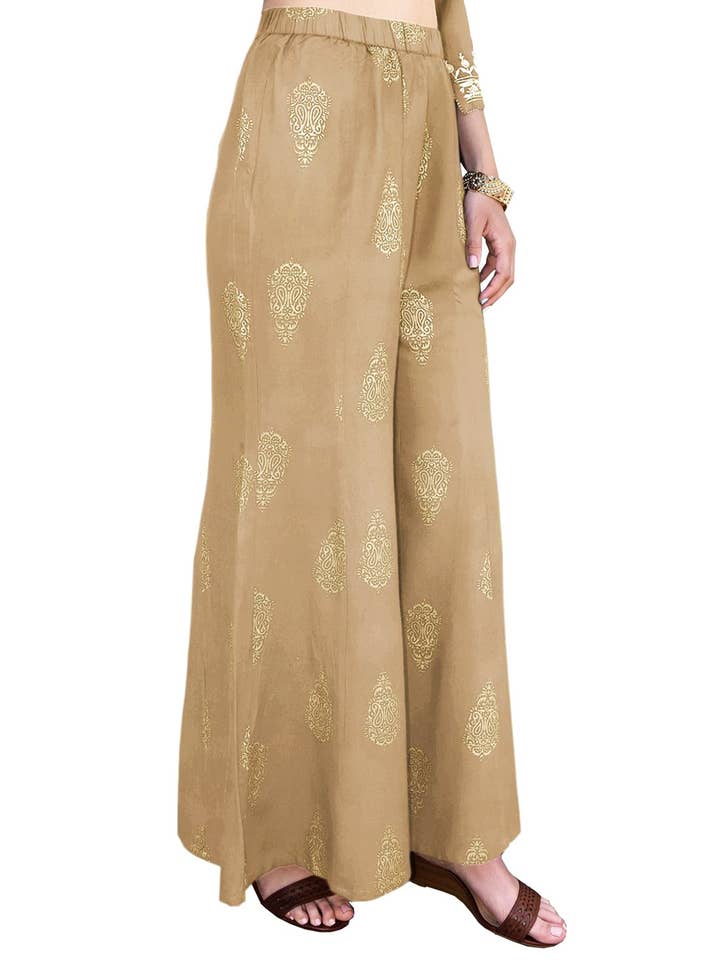 Pria Rayon Pantaloni palazzo con pannelli stampati oro puro per la vendita all'ingrosso da parte di Ayurvastram