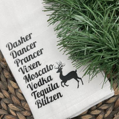 Dirty Grove by Hazel Grove Customs - Wholesale Tea Towel - Funny Christmas Kitchen Towel/Rag Reindeer And Alcohol Towel