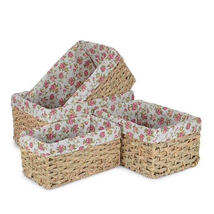 Panier de rangement tissé en herbe de chaume avec doublure en coton Rose de Jardin pour la vente par Red Hamper