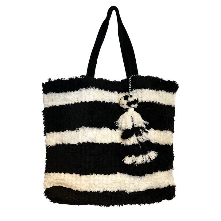 Fuzzy Black White Stripes Durable Fabric Tote Bag for Women for wholesale by Chloe & Lex