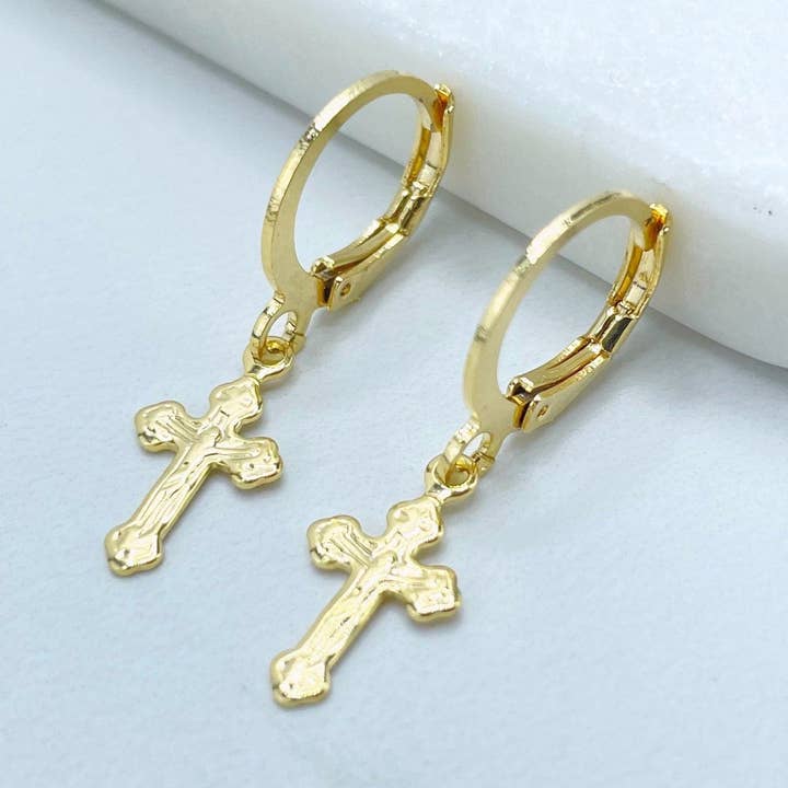 18k Gold Filled 12mm Huggie Earrings with Jesus Christ Crucifix Cross Shape Charm, Dangle Earrings, Wholesale Jewelry Making Supplies for wholesale by DIJU Jewelry