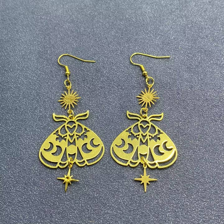Gold Plated Star Moon Hollow Moth Dangle Earrings - MS for wholesale by Mio Queena