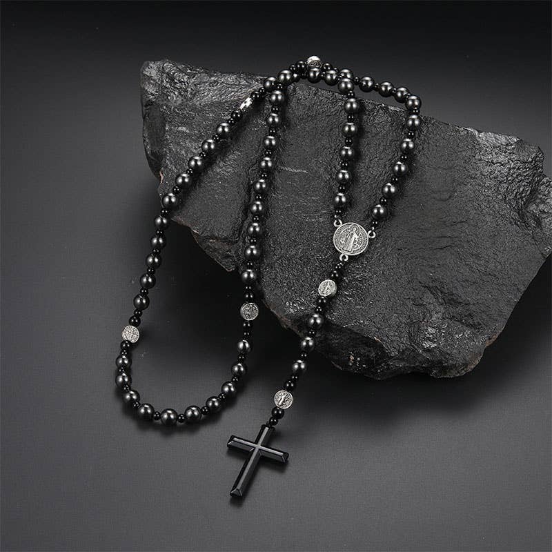Gemcohub - Wholesale Prayer Beads Necklace - Volcanic Black Gallstone Cross Rosary Necklace3