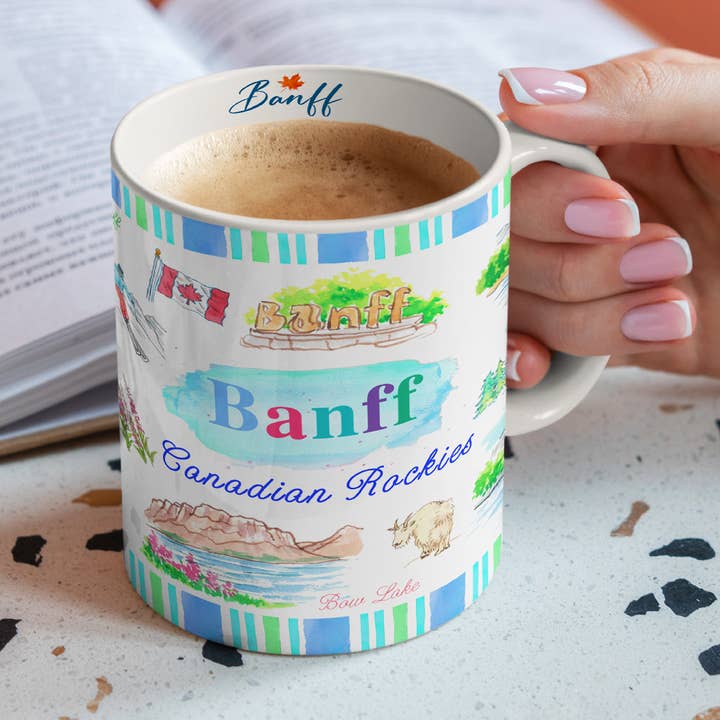 Caneca Ilustrada Banff Montanhas Rochosas Canadenses – Design de Souvenir 500ml por atacado de Northern Icons Canada