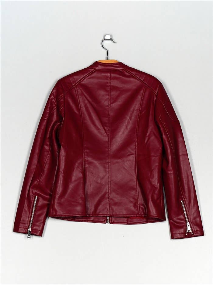 Bolero Piel - Wholesale Leather Jacket - Women's - Burgundy faux leather biker jacket1