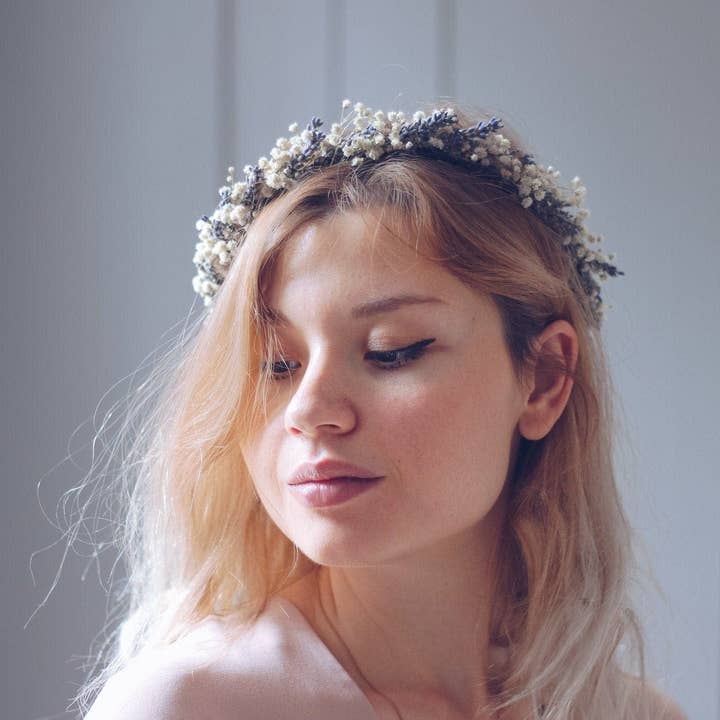 Corona nupcial francesa de lavanda seca y aliento seco de bebé/corona de lavanda para venta al por mayor de Hidden Botanics