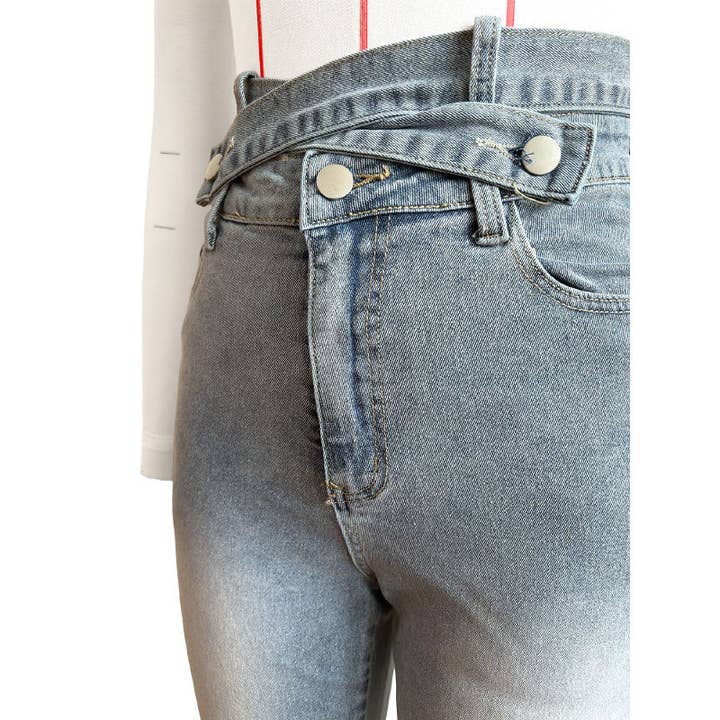 Blue MB FASHION High-Waist Cargo Flare Jeans with Belted Detail 8016LY for wholesale on Faire5