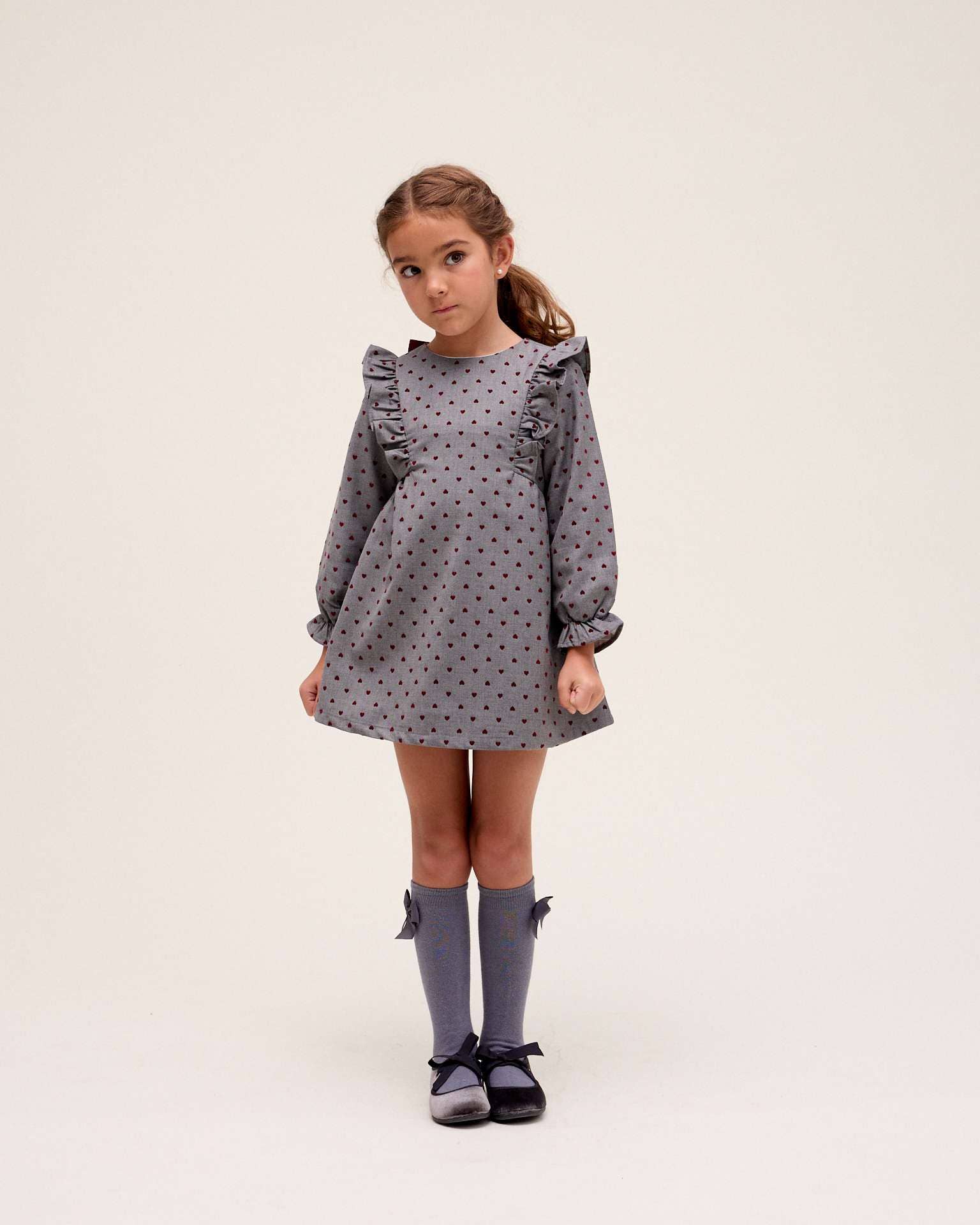 Grey Gray girl's dress with garnet heart print for wholesale on Faire0