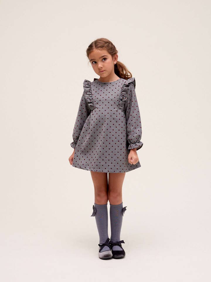 Robe grise pour fille avec imprimé de cœurs grenat pour la vente par Dadati
