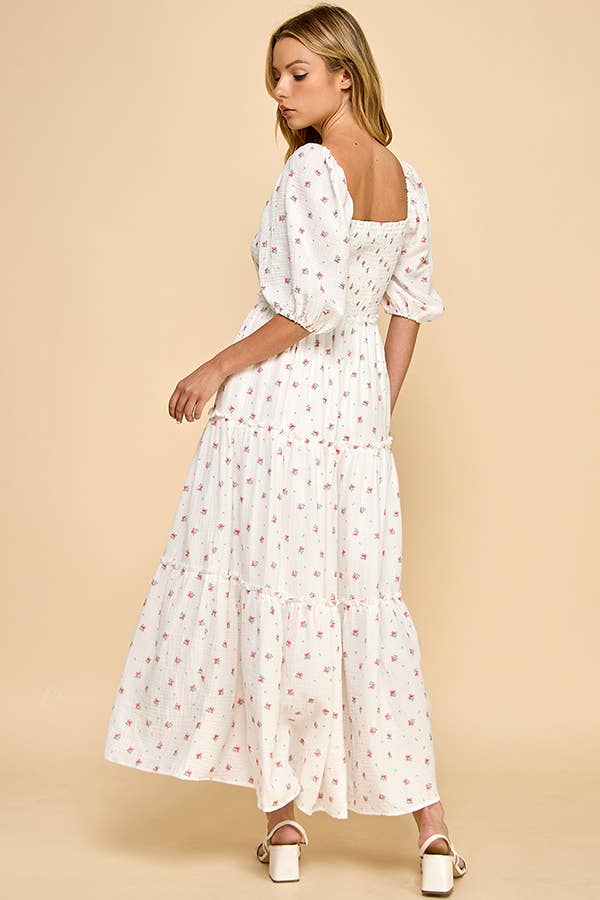 Million Colors - Vendita all'ingrosso Vestito - Donna - Abito Midi a Balze con Maniche a Sbuffo e Motivo Floreale Rosso Off-White di Hattie8