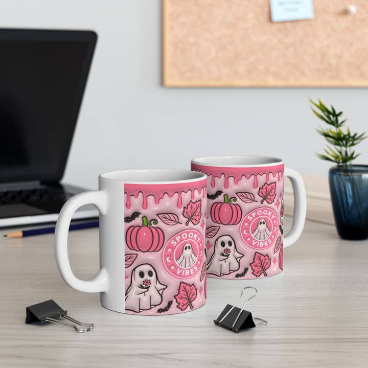 NVC Ecommerce LLC - Wholesale Coffee Mug - Halloween Mug, Spooky Ghost Vibes, Pink Pumpkin Coffee Cup1