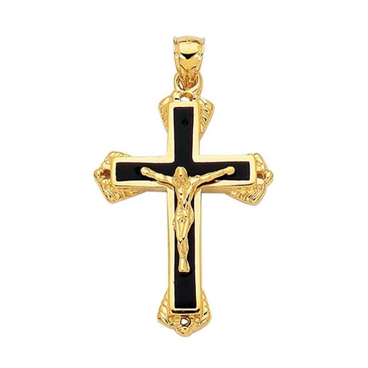 Croix noire fantaisie texturée brillante en or jaune 14 ct avec figurine pour la vente par The Diamond Deal