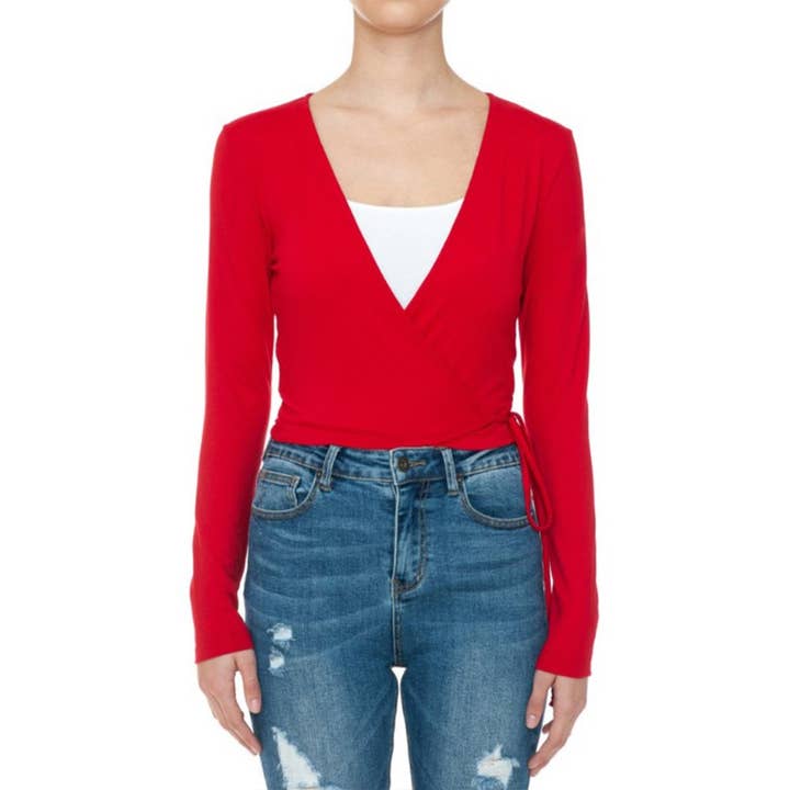 UP CLOTHING - Wholesale Knit Top - Women's - Deep V Neck Long Sleeve Surplice Wrap Crop Top6