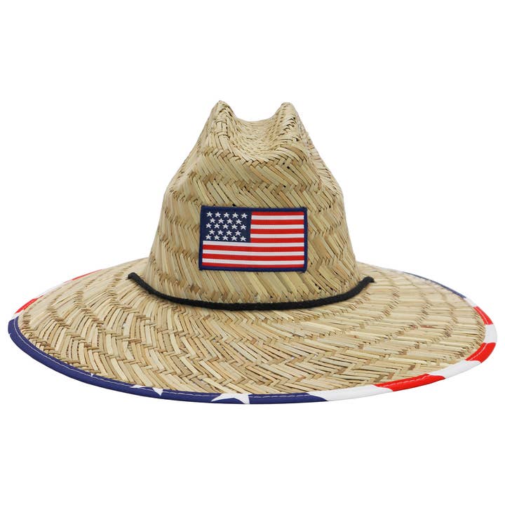 Cap Zone - Wholesale Straw Hat - Unisex - American Flag Under Brim Rush Straw Lifeguard Hat2
