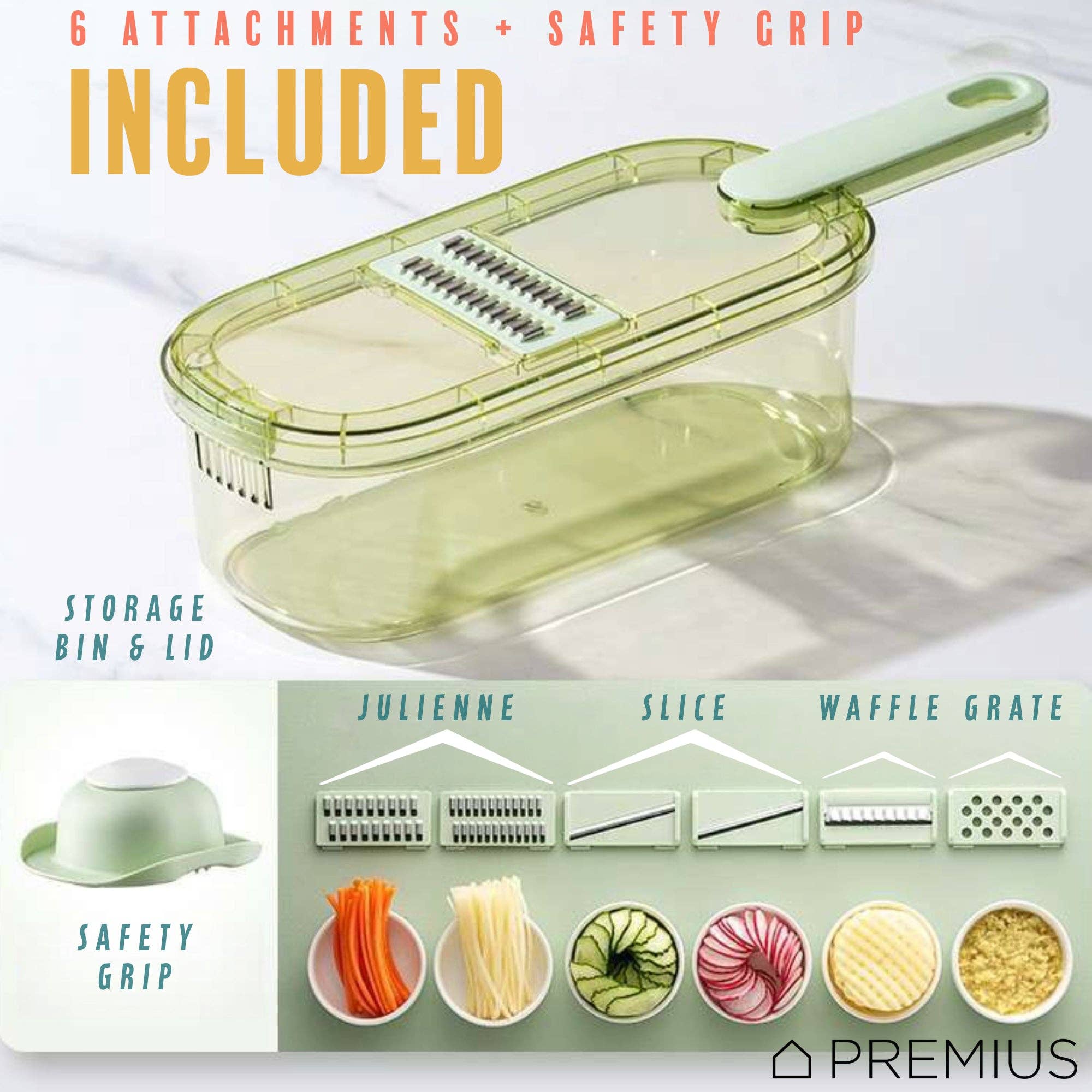 ShopBobbys – wholesale Kitchen tool/gadget – PREMIUS 6-In-1 Mandoline Slicer with Storage Bin and Handle, Green-Clear, 1.5 Quarts4