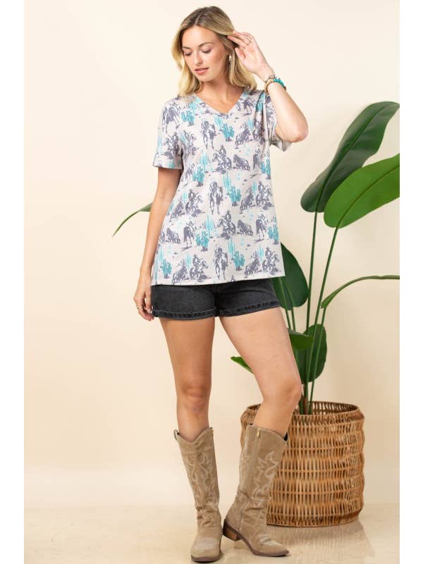 Grey Teal AT1303-BARB WESTERN PRINT SHORT SLEEVE V-NECK TEE for wholesale on Faire1