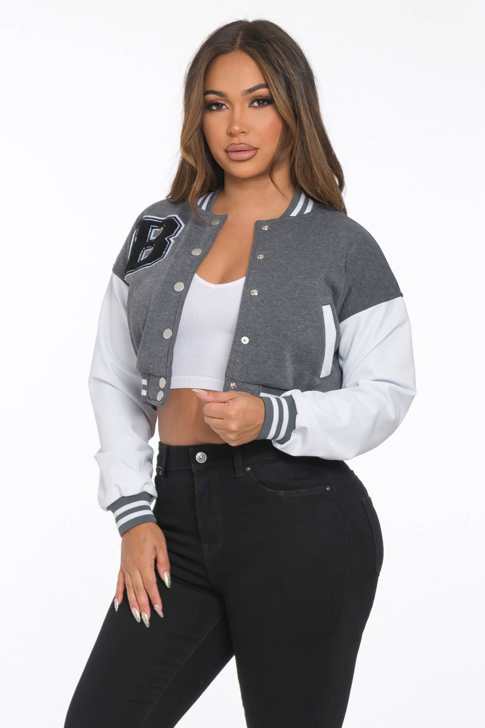 Lime All the Time - Wholesale Varsity/Baseball Jacket - Women's - B Logo Cropped Varsity Jacket with pocket12