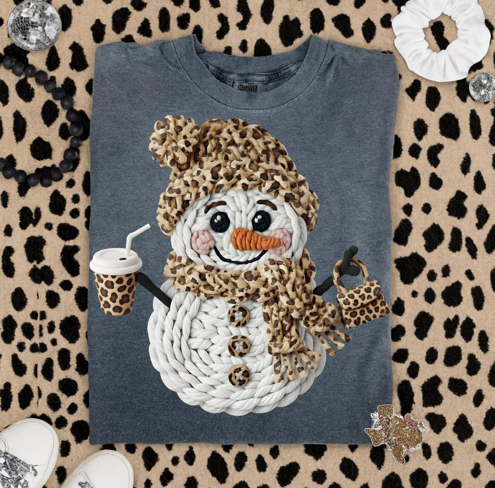 DLT Ecommerce - Wholesale T-Shirt (Graphic) - Women's - Faux Yarn Crochet Snowman Shirt, Leopard Christmas Sweater2