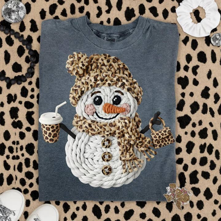 DLT Ecommerce - Wholesale T-Shirt (Graphic) - Women's - Faux Yarn Crochet Snowman Shirt, Leopard Christmas Sweater2