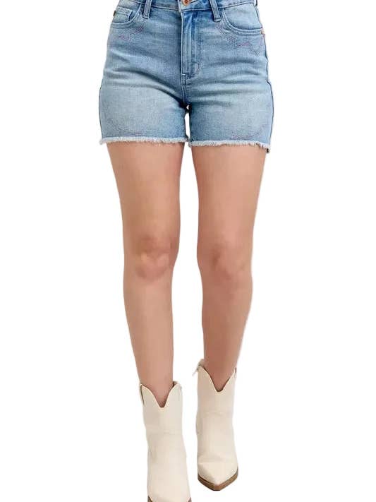 Judy Blue Full Size High Waist Western Embroidery Detail Cut Off Denim Shorts Plus Size for wholesale by Garden Naked