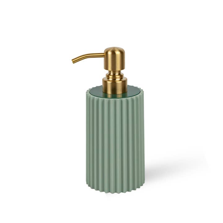 Light Sage Ribbed Soap Dispenser – 10 oz With Gold Stainless Steel Pump for wholesale by Joie Designs Co. | Refillable Bottles