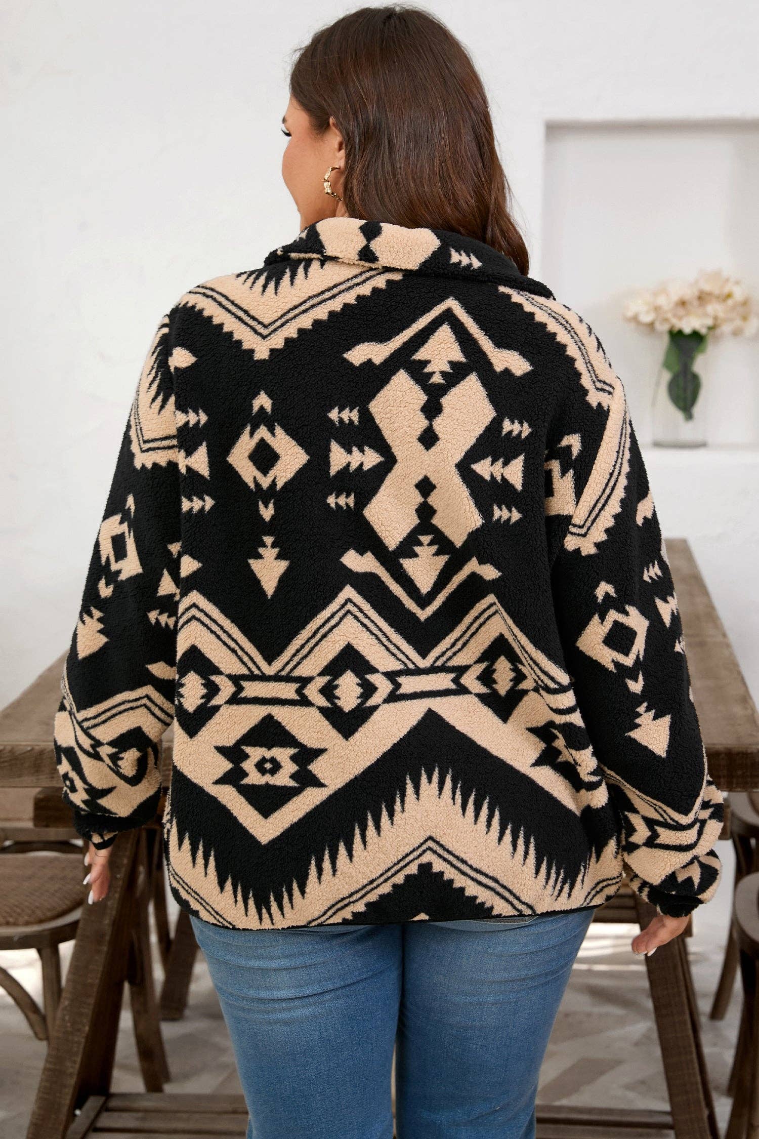 Black Plus Size Western Aztec Fleece Half Button Sweatshirt for wholesale on Faire1
