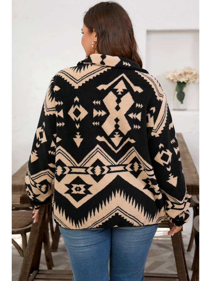 Black Plus Size Western Aztec Fleece Half Button Sweatshirt for wholesale on Faire1