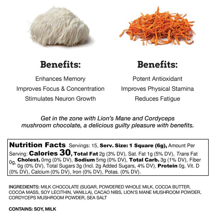 Buoyant Chocolates & Confections - Vente Barre chocolatée - DANS LA ZONE : Barres de chocolat aux champignons Lion's Mane & Cordyceps1