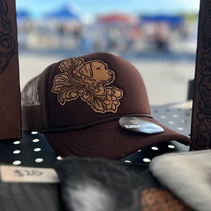 Handmade Leather Tooled Customized Western Trucker Hats for wholesale by Southern Belles and Shotgun Shells
