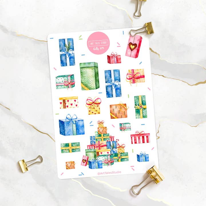 Gifts Sticker Sheet, Presents Stickers, Planner Stickers, Bullet Journal Stickers, Gift Box Stickers, Christmas Gift Stickers, Wrapped, Bujo for wholesale by Art Tales Studio