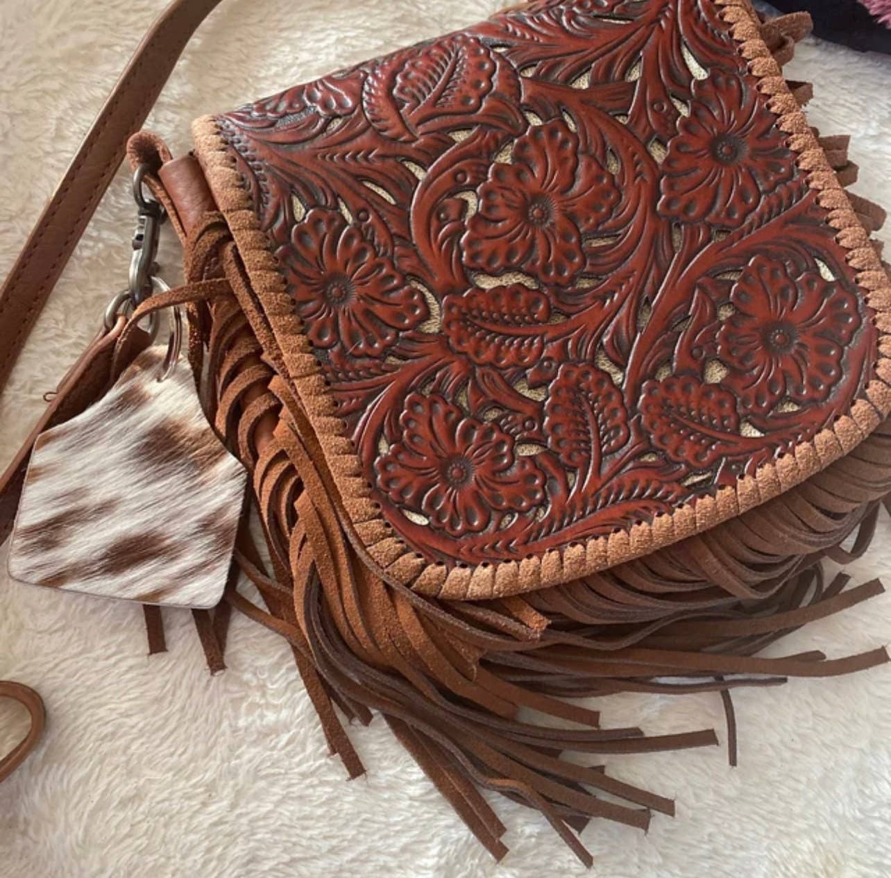 Boho Ranch Shop – wholesale Keychain – Women's – Cowhide Eartag Keychain | Cow Cattle Ear Tag Hair On Cowhide4